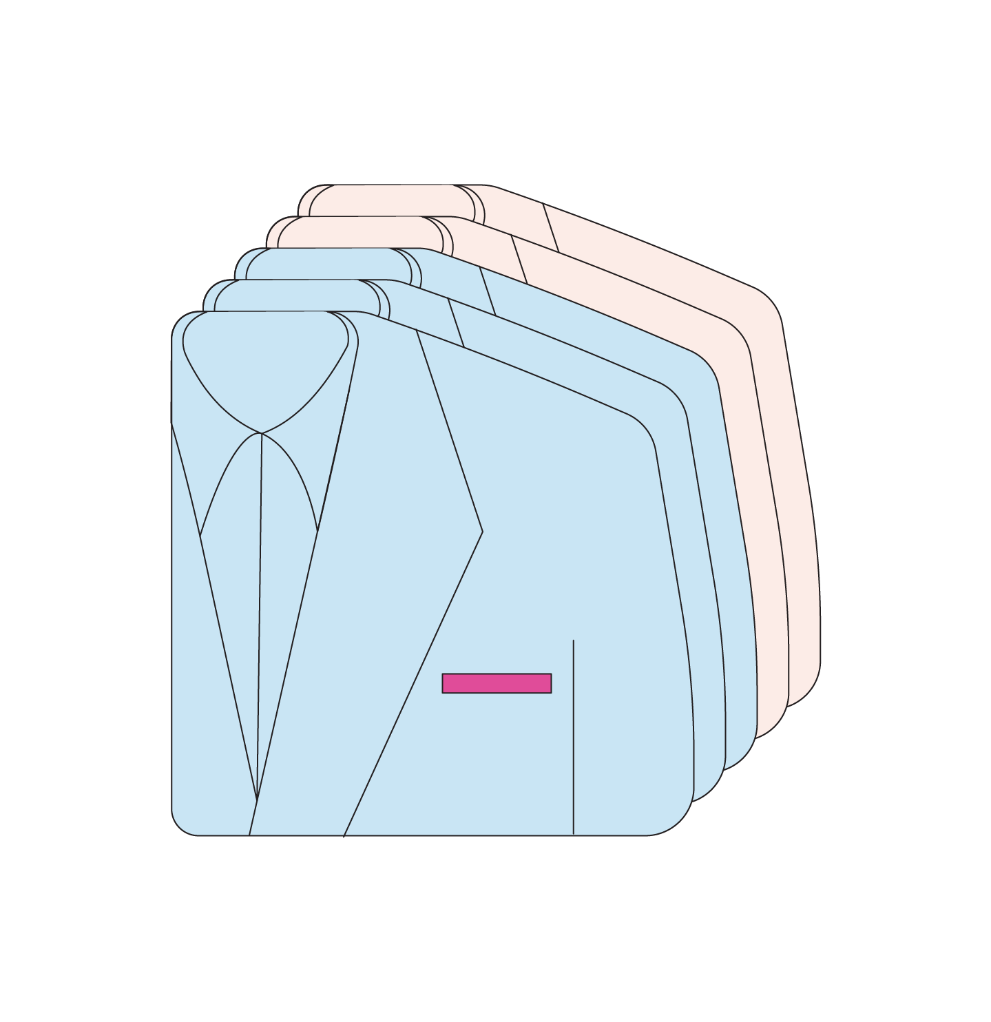 stack of suits with name tag